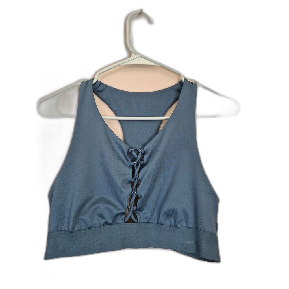 PINK Victoria's Secret Ultimate Sports Bra Size L Lace Up Back Blue Teal Mesh